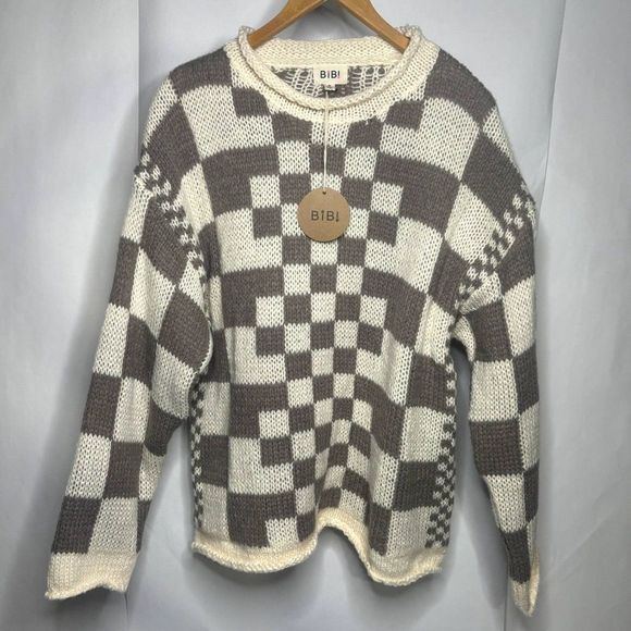 NWT Bibi Mixed Checkered Chunky Knitted Sweater Comfy Mocha Brown Beige Womens - Picture 1 of 8